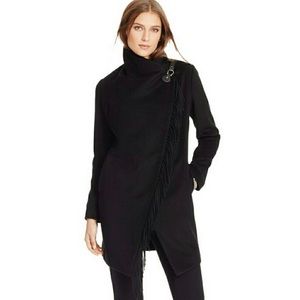 Ralph Lauren Black Fringe wool coat asymmetric XL